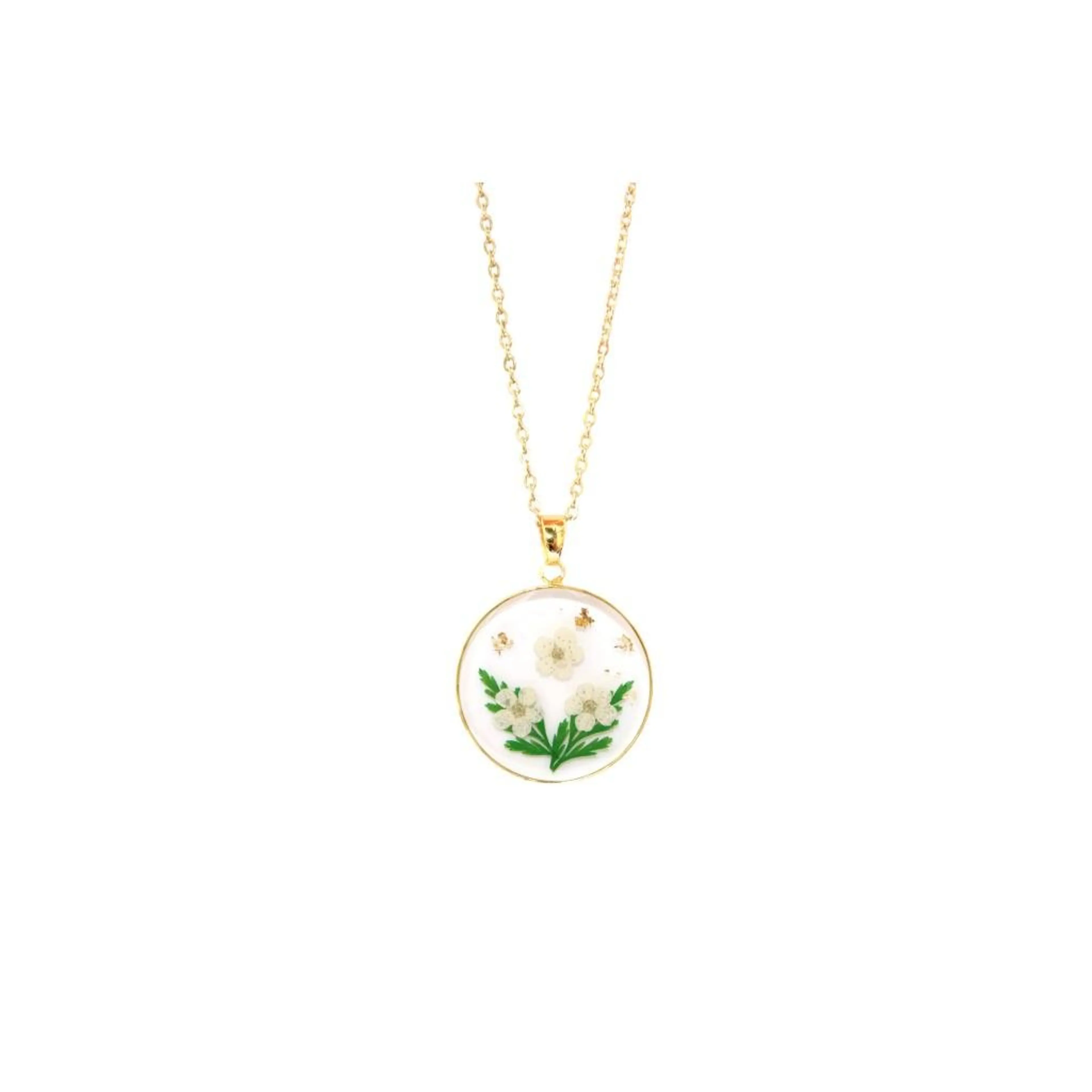 Necklace with Natural Dried Flowers White/Green 18k gold-plated